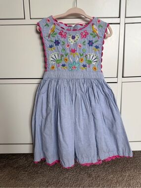 Mini Boden Light Blue Embroidered Dress with Pink Trim
